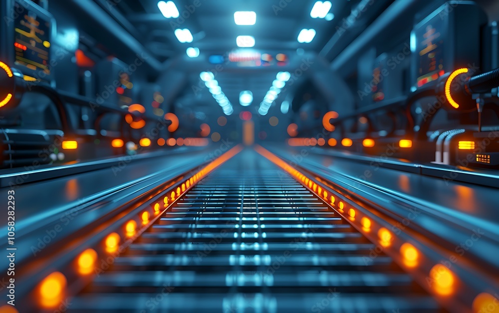 Poster A futuristic corridor with illuminated rails and advanced technology, showcasing a high-tech industrial environment.