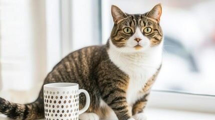 Adorable cat sitting by a window with a coffee mug, capturing a peaceful moment in a cozy indoor setting.