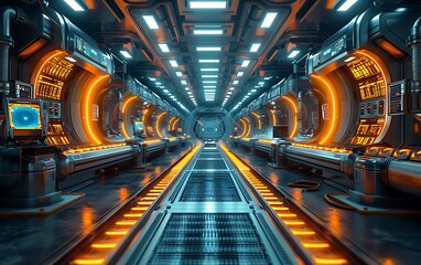 A futuristic corridor with glowing orange accents, sleek surfaces, and high-tech consoles, creating a sci-fi atmosphere.