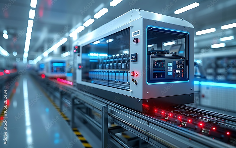 Poster A high-tech automated machine operates on a conveyor system in a modern industrial setting, featuring illuminated controls and sleek design.