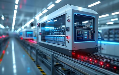 A high-tech automated machine operates on a conveyor system in a modern industrial setting, featuring illuminated controls and sleek design.