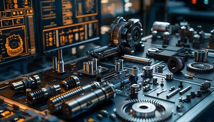 A detailed view of various mechanical components and displays, showcasing a high-tech, futuristic workspace filled with machinery and digital interfaces.