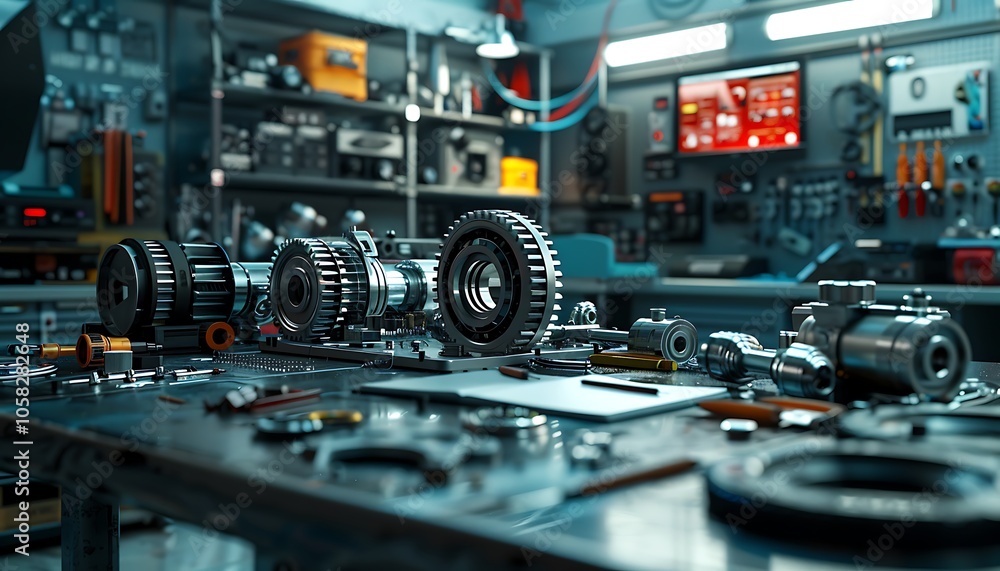 Poster The image showcases an organized workshop with various mechanical components spread across a table, highlighting a focus on engineering and precision.