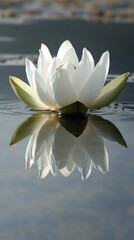 A serene white lotus flower floating on calm water, reflecting its beauty.