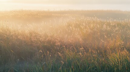 A view of the wildlife landscape at Kinburn Spit at sunrise. In the foreground is tall grass. Ukraine