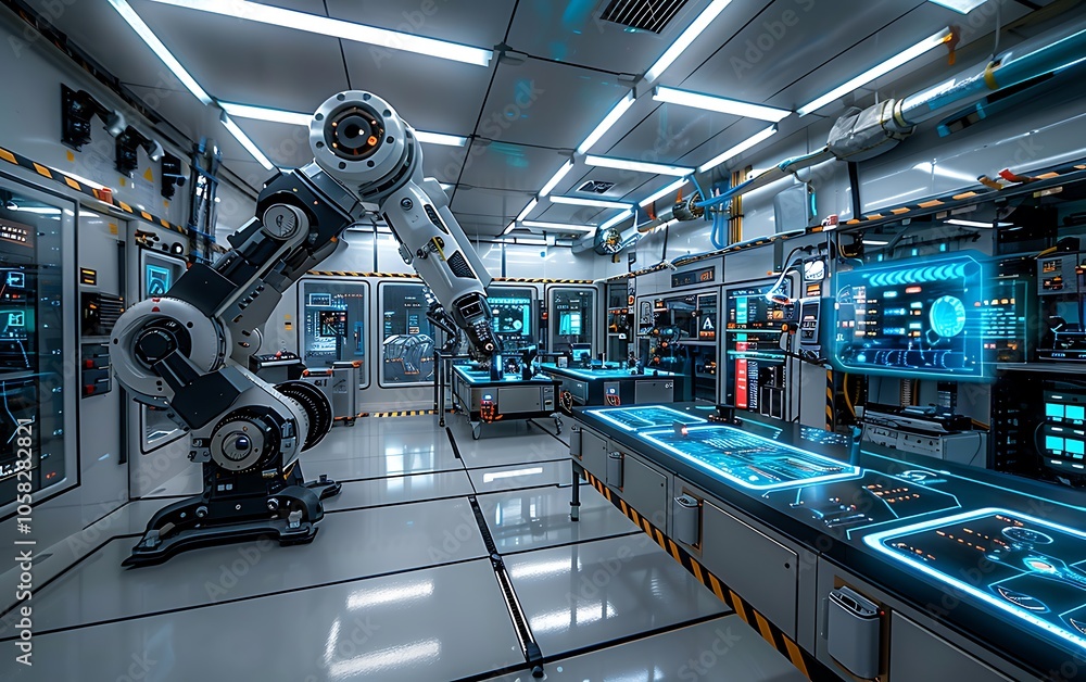Fototapete A futuristic robotic lab with illuminated displays, featuring a robotic arm and various high-tech equipment on sleek surfaces.