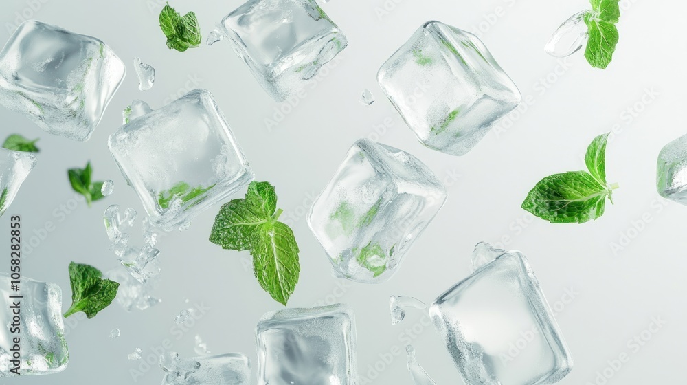 Poster ice cubes and mint leaves floating, creating a refreshing and cool visual.