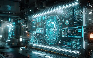 A futuristic digital interface with glowing blue graphics and data displays, set in a high-tech environment.