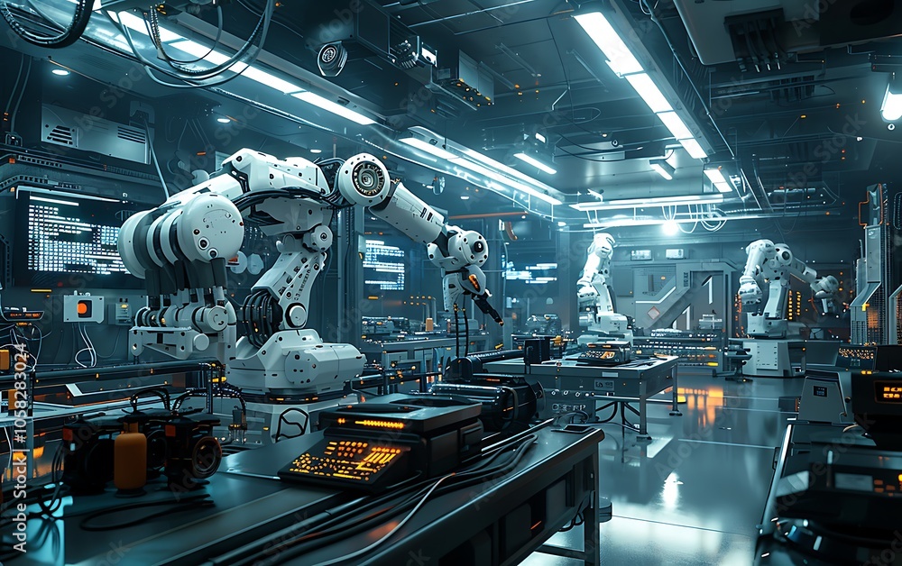 Poster A futuristic industrial setting featuring advanced robotic arms working in unison, illuminated by artificial lights.