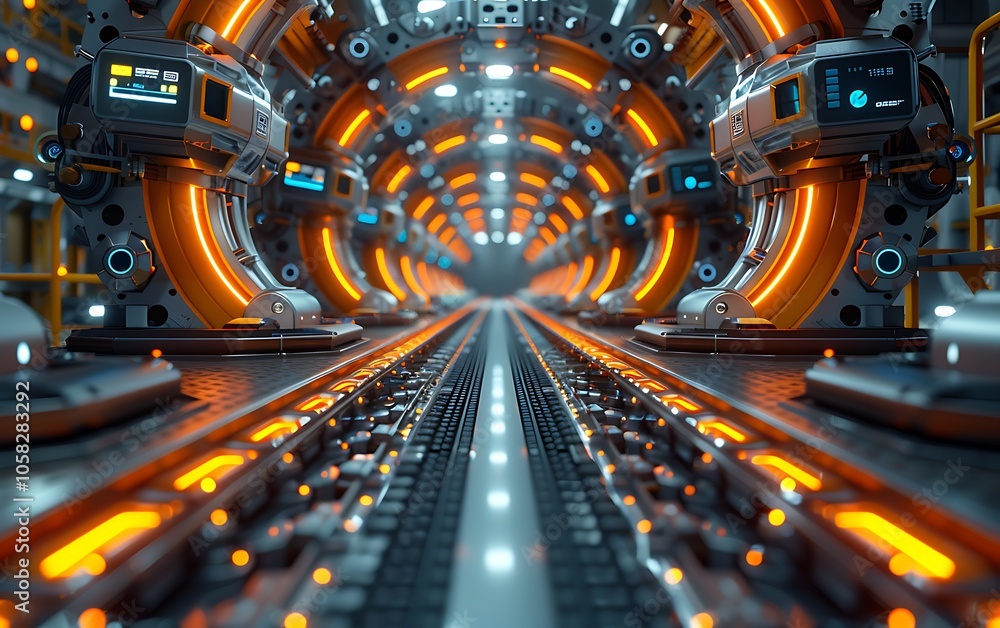 Aufkleber a futuristic tunnel with vibrant orange lights and advanced technological elements creates an immers