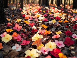 A vibrant carpet of colorful flowers scattered among fallen leaves in a serene forest.