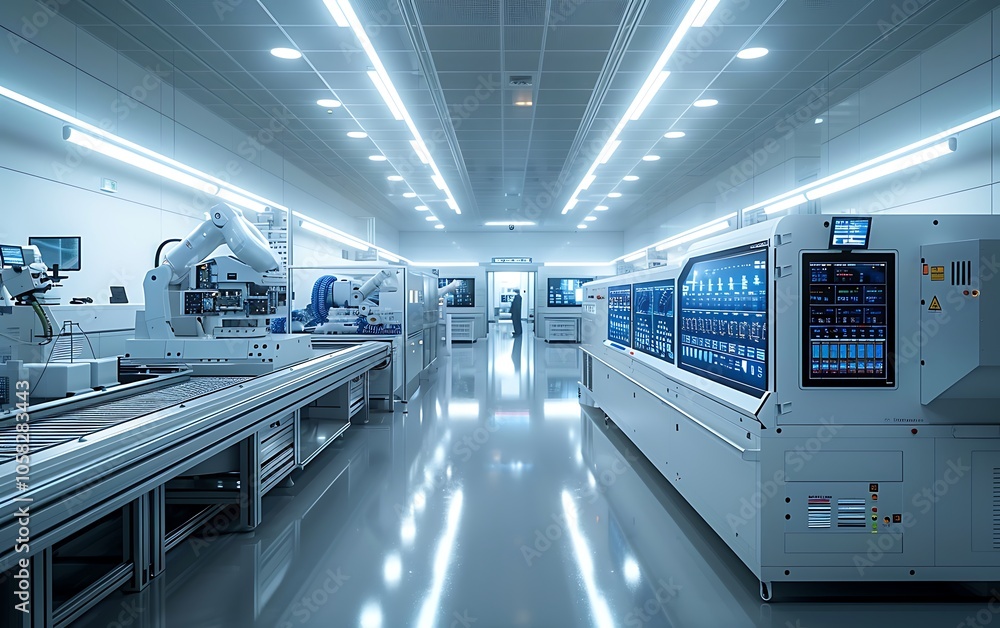 Poster a modern, well-lit laboratory with advanced machinery and robotics, designed for high-tech manufactu