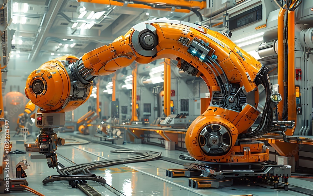 Poster A robotic arm in a modern industrial setting, showcasing advanced automation technology in a factory environment.
