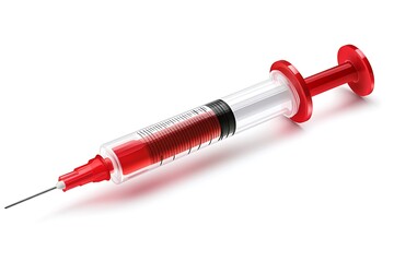 Fototapeta premium Medical syringe filled with red liquid, lying on a white background