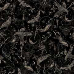 Sramless pattern with graphic white cranes and flowers. Vector