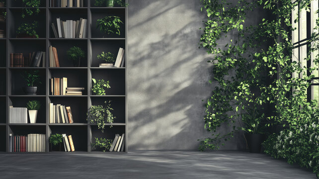 a contemporary style bookshelf adorned with plants that serves as a modern decorative element for virtual office backdrops studio backgrounds or can be printed in a large format to enhance a back. AI 