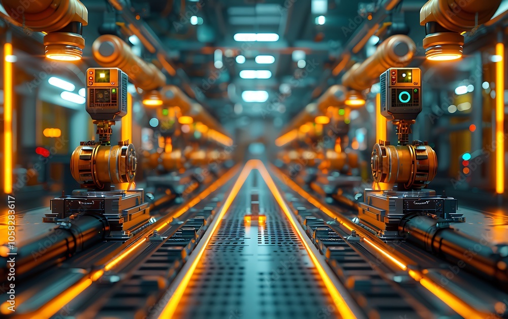 Aufkleber high-tech manufacturing facility featuring robotic arms, illuminated pathways, and a futuristic desi