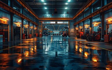 A modern industrial warehouse interior with shiny floors, illuminated by ambient lighting, featuring machinery and equipment in a spacious layout.