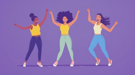Three multicultural friends dancing and having fun in casual clothing. Group of female friends celebrating and having a good time against a purple background. Best friends making happy memories.