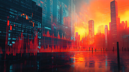 Fototapeta premium Digital indicators and declining graphs illustrating a stock market crash against a modern city