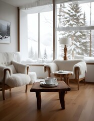 Fototapeta premium A cozy living room with white armchairs, a wooden coffee table, and a large window overlooking a snowy outdoor scene.