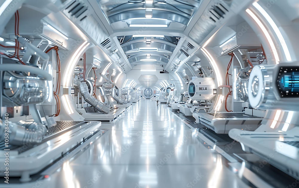 Poster a futuristic, sleek corridor with glowing panels and technology, resembling advanced space station a