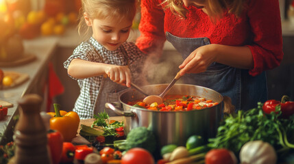 Mother and her child cooking a hearty vegetable soup together, chopping vegetables and stirring the pot as the kitchen fills with warm, comforting smells , Autumn season Soup Making concept image