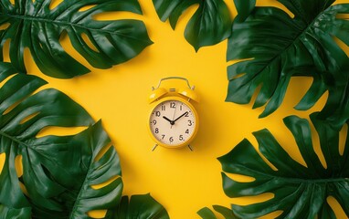 A vibrant flat lay photograph featuring a yellow alarm clock against a bright yellow background...