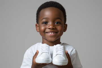 Happy-looking afro american young kid is holding a pair of shiny white shoes in his hands , happy child with his new sports shoes