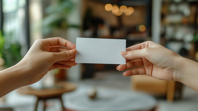 Business networking concept image with close-up of two hands exchanging a blank mockup business card