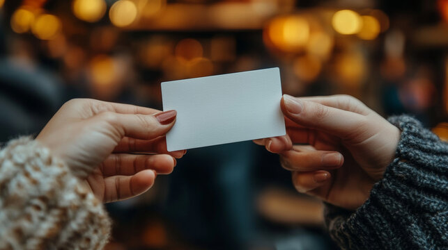Business networking concept image with close-up of two hands exchanging a blank mockup business card
