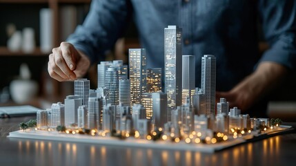 Architects working with holographic augmented reality 3D city models in a modern office..