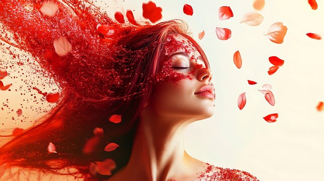Abstract double exposure image of a stunning woman overlaid with a vibrant red digital paint splash, creating a mesmerizing and surreal effect