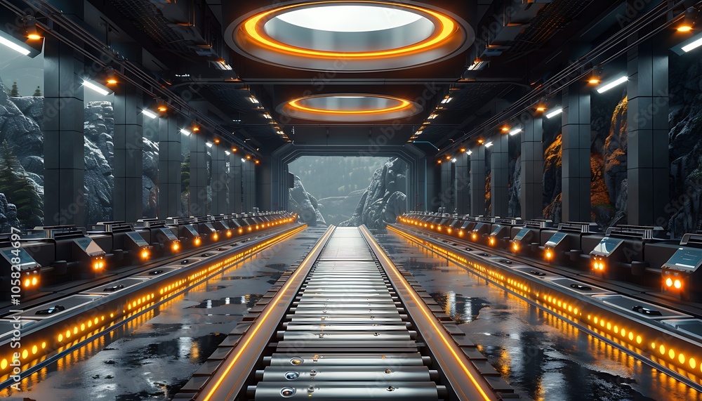 Poster a futuristic industrial corridor featuring illuminated pathways, high-tech machinery, and an expansi