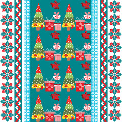 Big Christmas seamless pattern of elements for design patterns with Christmas tree,gifts,garlands star,snow flakes,elements in Memphis boho style vector hand drawing.Design for card ,poster,printing.
