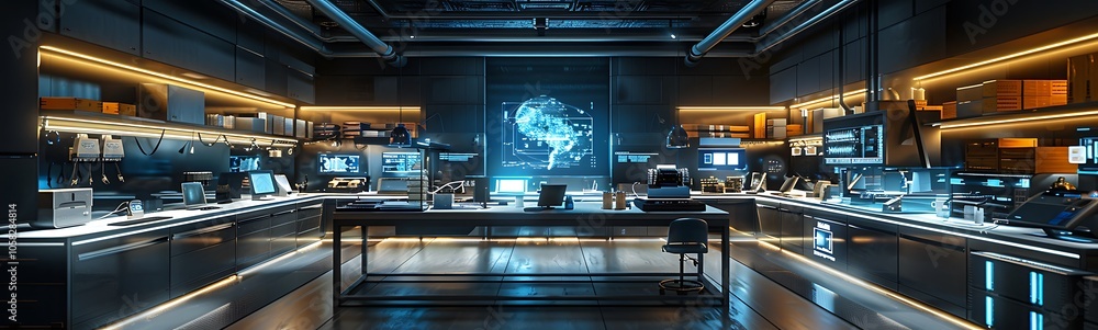 Leinwandbilder A futuristic command center filled with high-tech screens and illuminated displays, showcasing advanced technology and a global holographic map.