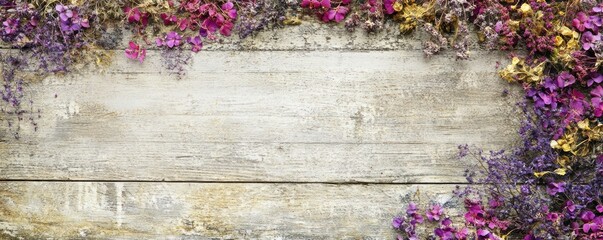 Fototapeta premium A rustic wooden background adorned with colorful dried flowers.