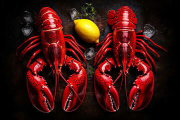 Fresh lobster placed on rustic wood with ice and lemon, captured in natural light, emphasizing a luxurious seafood dining experience