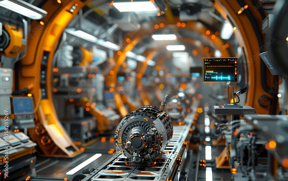 Aufkleber a futuristic industrial setting featuring a high-tech assembly line with an intricate engine design 
