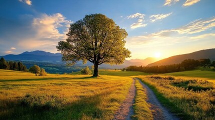 Scenic Sunset Over Forest Landscape with Pathway