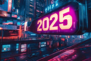 A dystopian futuristic city with neon lights and holograms, "2025" displayed prominently on billboards and building facades, New Year 2025 background, Cyberpunk City Scape