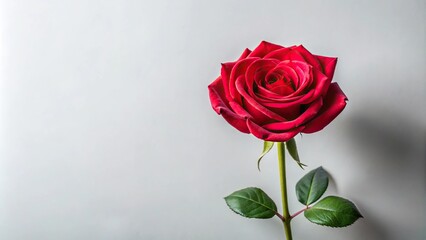 Fototapeta premium A single long-stemmed red rose in full bloom against a soft white background, blooming, red roses, spring flowers, roses