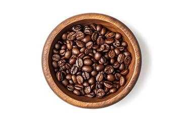 Fototapeta premium Top view of a wooden bowl full of roasted coffee beans, isolated on a white background, perfect for coffee-themed projects