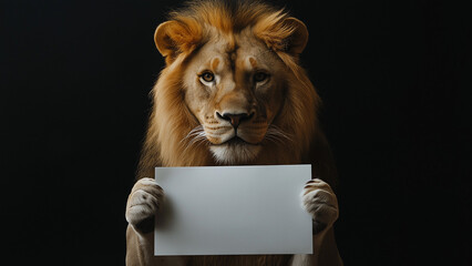 A male lion holding a white piece of paper and holding it up in front of body. Can write any...