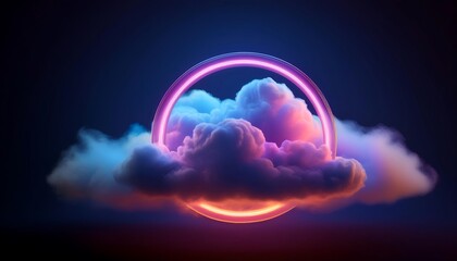 Fototapeta premium Abstract cloud formation illuminated by a vibrant neon light ring in a dark artistic setting. Generative AI