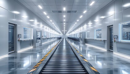 A bright, sterile corridor in a modern facility features smooth, metallic surfaces and a central conveyor belt, suggesting advanced technology and efficiency.