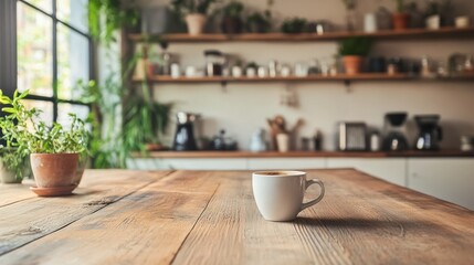 A cozy kitchen scene featuring a white cup on a wooden table surrounded by plants.