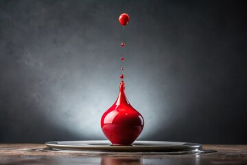 A single red drop falls from a cracked vase, onto a dark grey background, accident cleanup, glassware, interior design, dripping