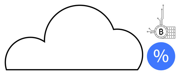 Large cloud outline with a Bitcoin symbol connected to circuit lines and a percentage icon. Ideal for cryptocurrency cloud storage, digital savings, financial technology, blockchain security and data