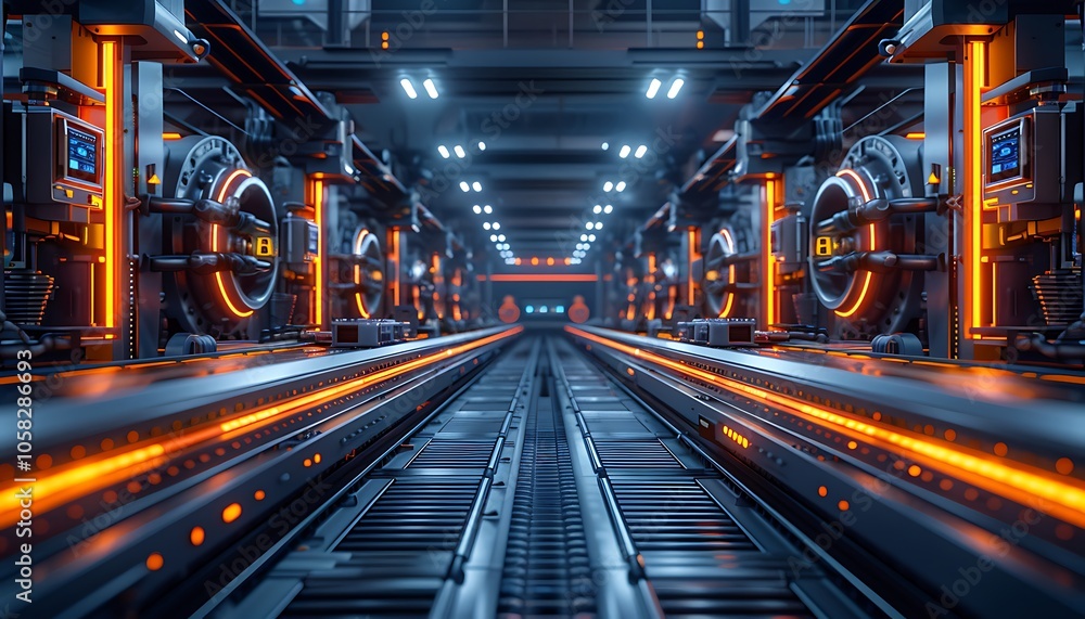Poster a futuristic industrial scene showcasing illuminated machinery and tracks in a high-tech environment